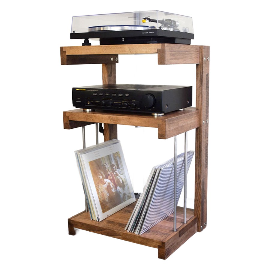 Extrasound Vinyl con giradischi sul piano superiore, amplificatore sul ripiano centrale e vinili sul ripiano basso