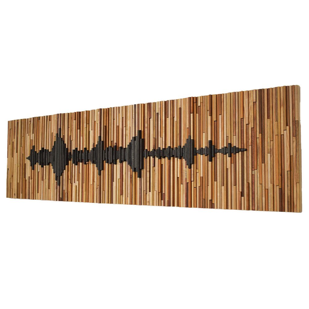 Extrasound Wave: tre pannelli in listarelle di legno con un'onda sonora nera in rilievo