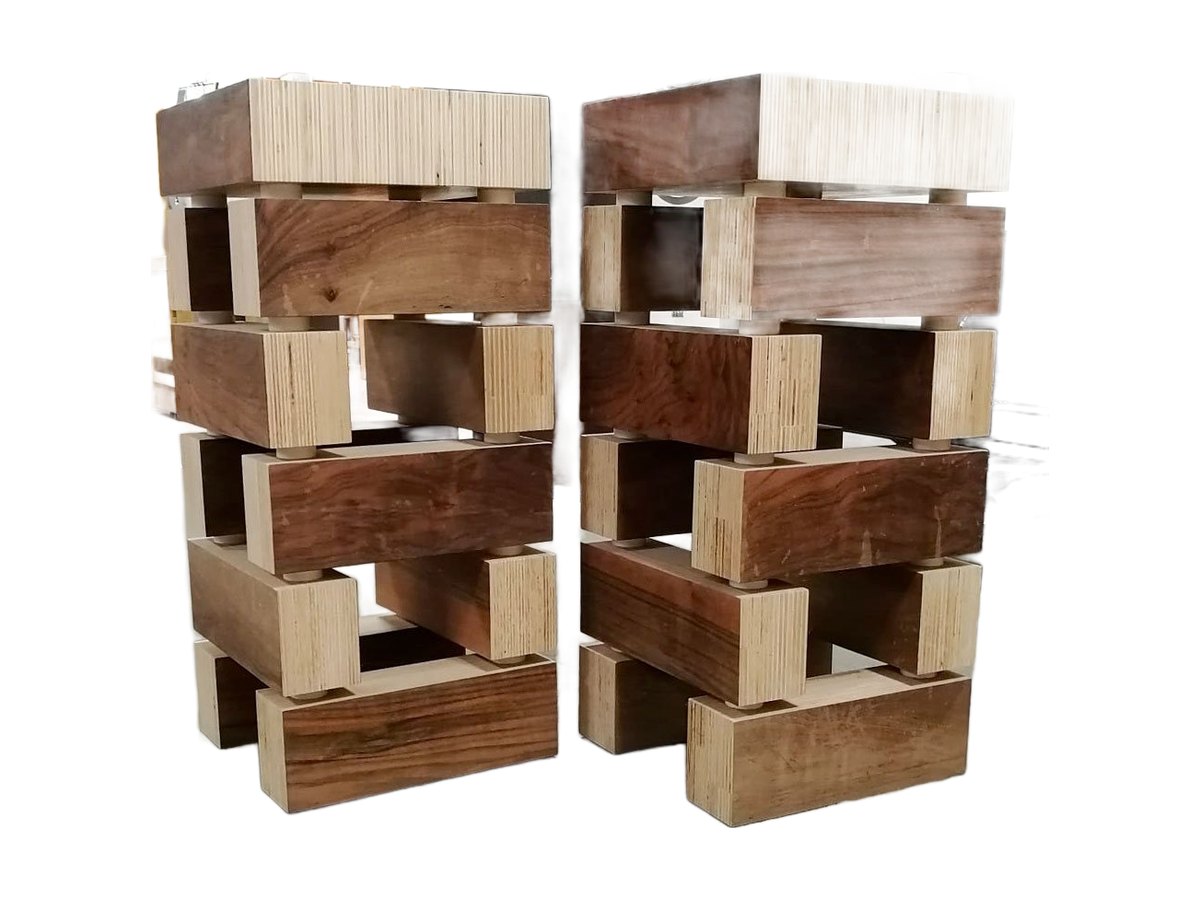 Coppia di stand per diffusori Wood Brick a blocchi di Pioppo e Noce